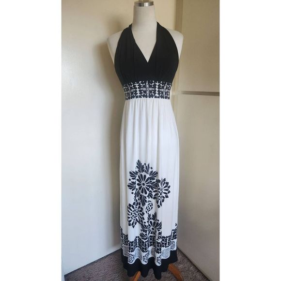 Maggie L Black and Ivory Border Print Maxi Dress, V Neck, Racer Back, EUC, Sz. 4 - Picture 1 of 8